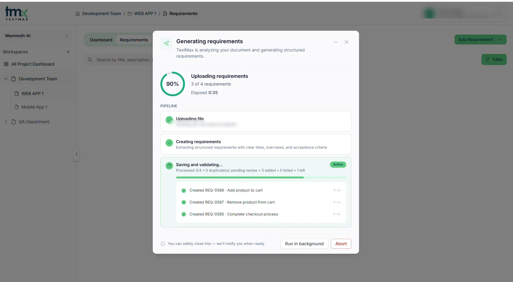 TestMax generating structured requirements from an uploaded document
